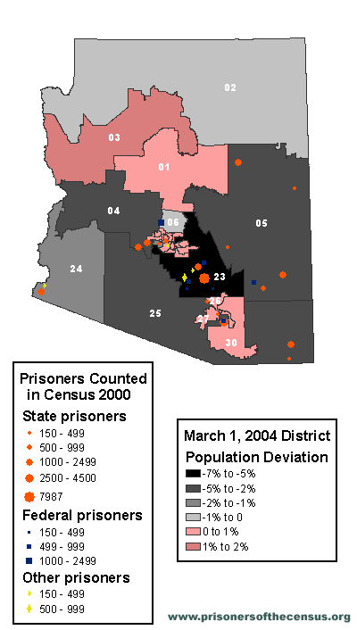 map showing the large population deviations when state, federal and private prisoners are removed from the district lines drawn on March 1, 2004