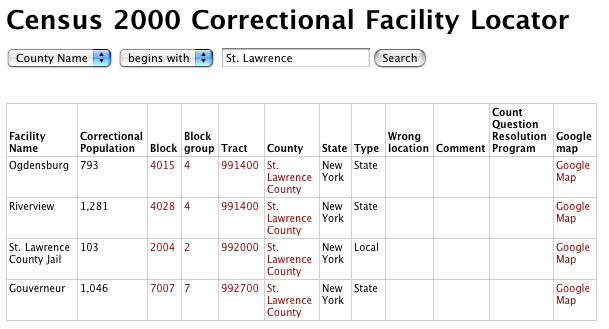 screenshot of the correctional facility locator results for St. Lawrence County
