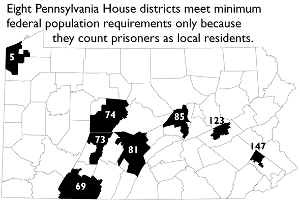 map highlighting the 8 PA House Districts that meet minimum federal population requirements only because prisoners are included as residents of the district with the prison