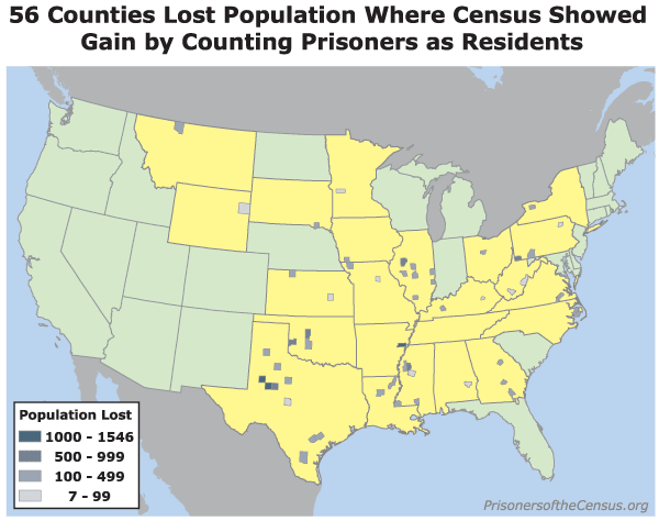 Map showing the 56 counties that the Census 2000 reported as growing when, except for prisoners counted as residents, they shrank during the 1990s