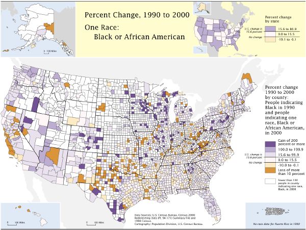 Census Bureau map showing growth of Black population in each county in the U.S. 1990-2000