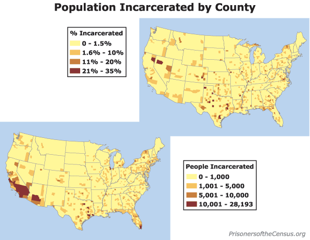 map showing US counties and their incarcerated populations