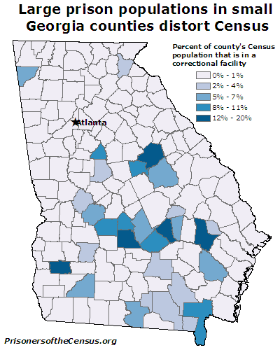 map showing the percent of eac Georgia county's Census population that is 