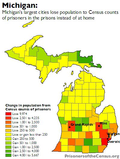 map showing net gain or loss of each county in Michigan from the counting prisoners as resident of the prison town and not their home of origin