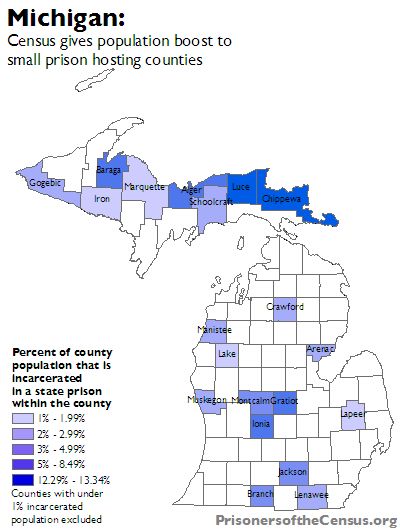 map showing percentage change in each Michigan county's population from inclusion of prisoners