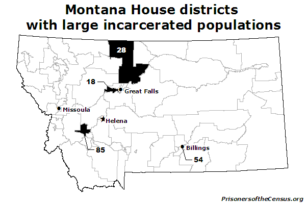 map showing the which house districts contain Montana's largest correctional institutions