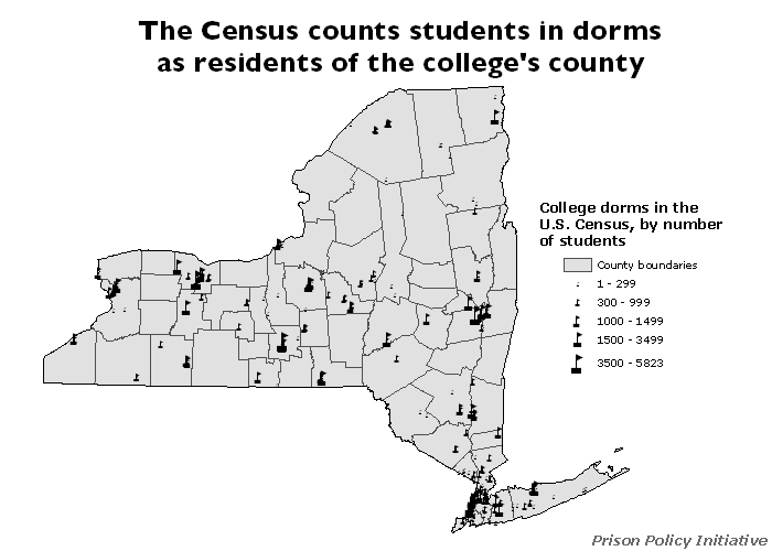 map showing the location and sizes of the college dorm population on a map of New York State counties 