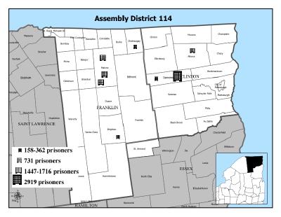 map showing New York Assembly District 114 represented by Chris Ortloff. The map shows the borders of the district, its location in the north east corner of the state and the location of the prisons in the district