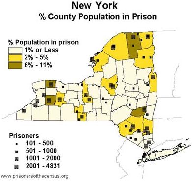 graphical display of counties in New York showing how much of each county's reported population is prisoners