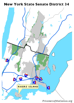 map of NYS Senate District 34 with Rikers Island emphasized