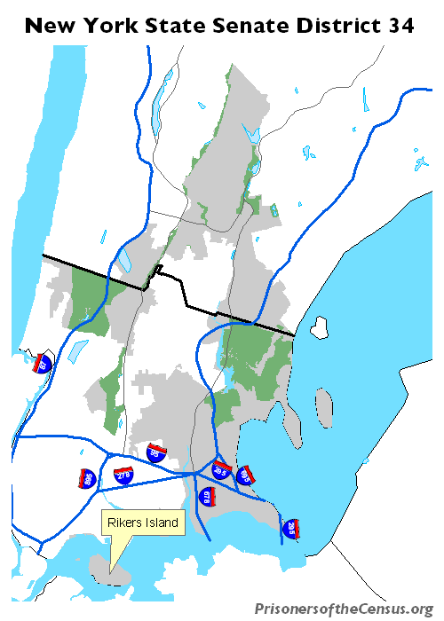 map of NYS senate district 34 with social and cultural features added to show how fragmented the district actually is