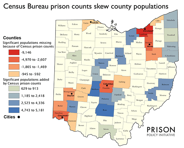 Map showing that significant populations are missing or added to counties by the Census prison counts. Counties lose as many as 9,146 people or gain as many as 5,181.