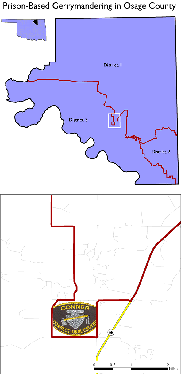map showing how Osage County Oklahoma District 1 goes out of its way to include a large prison