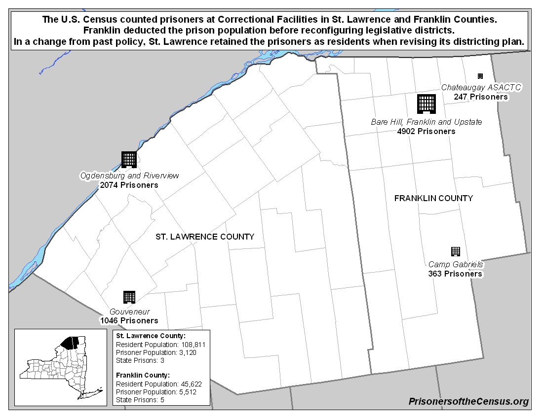 Map contrasting Franklin and St. Lawrence Counties in NY. Two neighboring counties have a number of large prisons. One has always excluded the prisoners during local redistricting, the other changed policy and decided to include the prisoners.