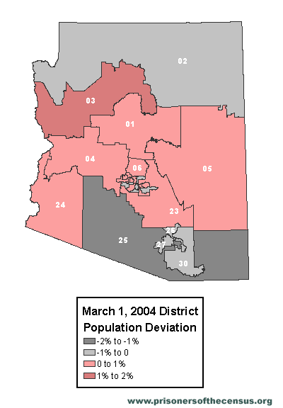 map showing the small population deviations in the official population of the district lines drawn on March 1, 2004
