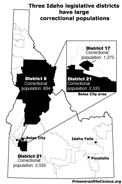 map showing the Idaho legislative districts that contain the largest correctioanl populations counted in the census