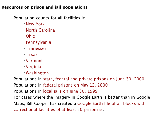 screenshot showing links to lists of correctional populations in 1999 and 2000