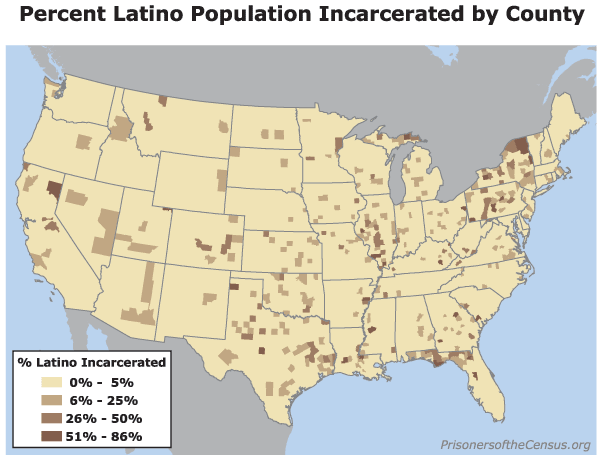 map showing the percentage of the Latino population of each U.S. county that is incarcerated