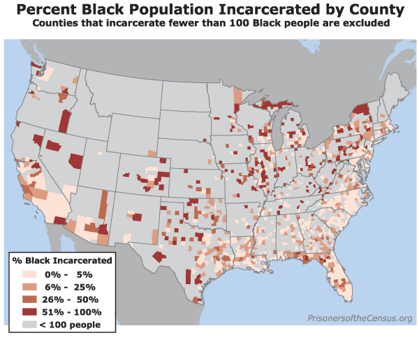 Percent of Black population in each U.S. county that is incarcerated, excluding counties with less than 100 Black people incarcerated