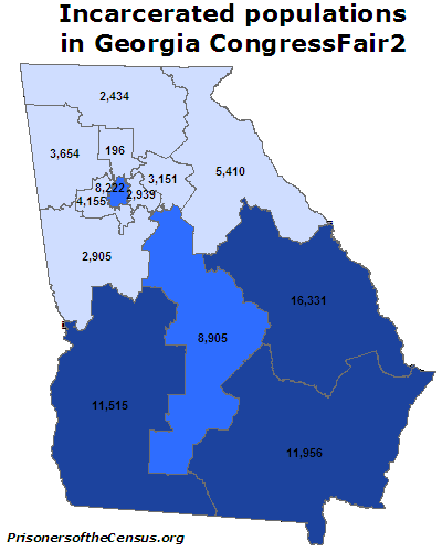 map showing the the proposed 'FairPlain2' congessional map for Georgia, showing how much of each district's Census population is not local residents but incarcerated prisoners.
