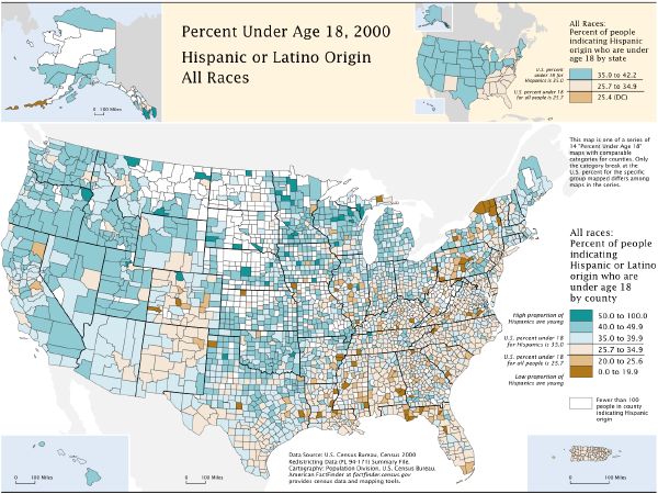 Census Bureau map showing percentrage of Latino population in each county in the U.S. that is under age 18