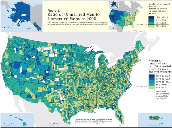 Census Bureau map showing the ratio of unmarried men to unmarried women in each county in the country
