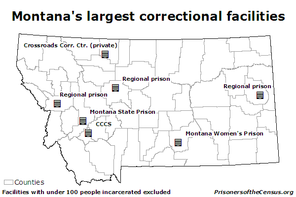 map showing the which counties contain Montana's largest correctional institutions