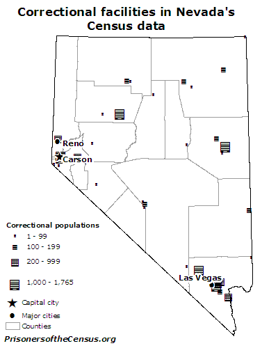 map showing the size and placement of nevada's correctional facilities on a map of the state and its counties