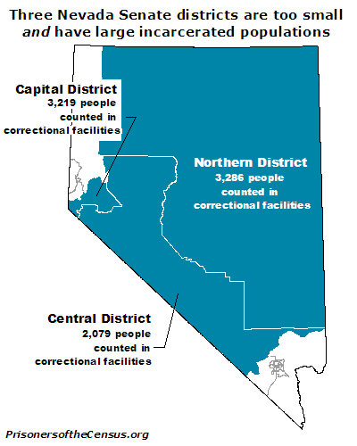 map showing the which Senate districts contain Nevada's largest correctional institutions