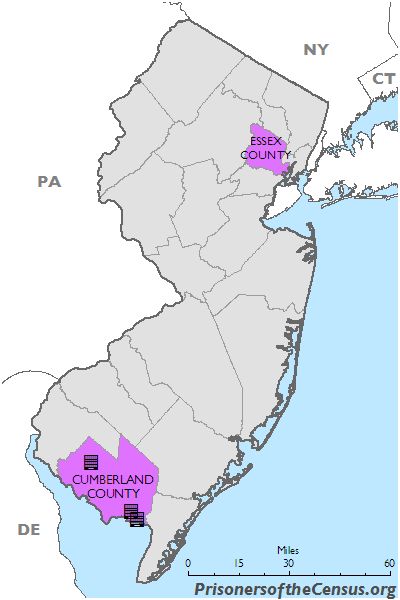 map showing NJ counties, highlighting Essex County, which contains the city of Newark and Cumberland County and the 3 prisons within that county.