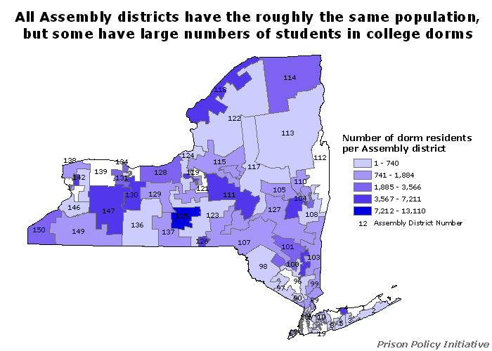 map showing the New York State Senate districts color coded to the number of college dorm students in each district