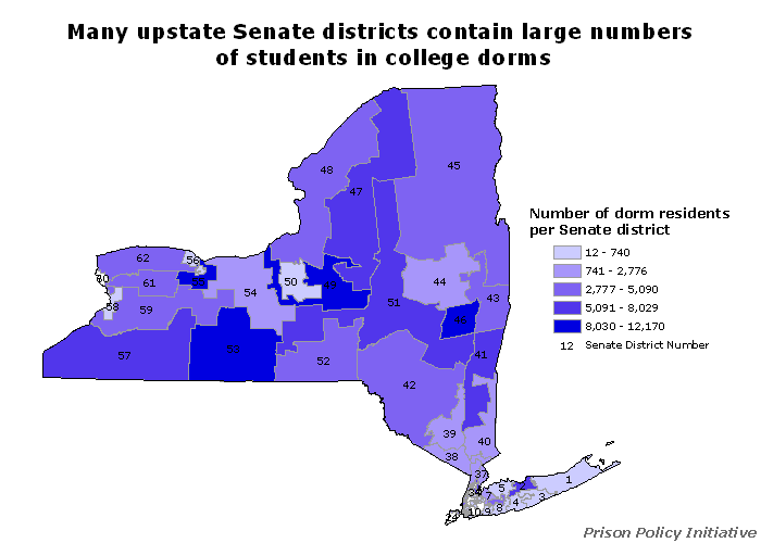 map showing the New York State Assembly districts color coded to the number of college dorm students in each district