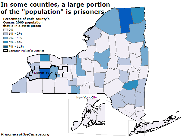 percent of county population that is actually prisons, with volker's 59th district marked