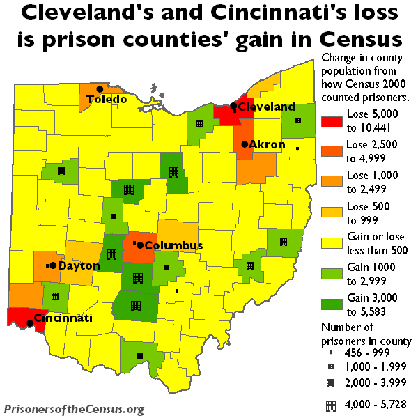 map showing the 88 Ohio counties and the loss to each urban county and the gain to counties with prisons from the Census Bureau